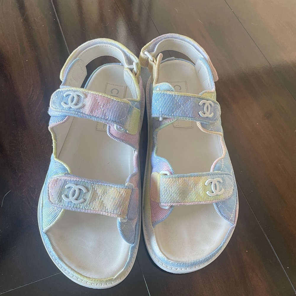 Chanel printed fabric dad sandals 39 green pink blue